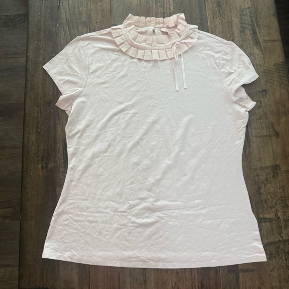 EUC Ted Baker Pink Ruffle Neck Tie Blouse Top Size 5 (XL) Mock Neck Short Sleeve - Picture 5 of 11